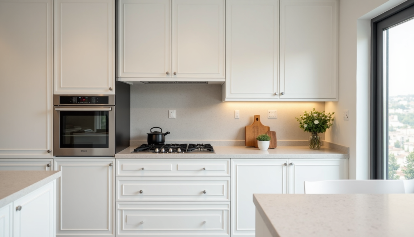 Professionally installed built-in oven and cooktop in a pristine modern kitchen with illuminated countertops, showcasing expert appliance installation by an electrician