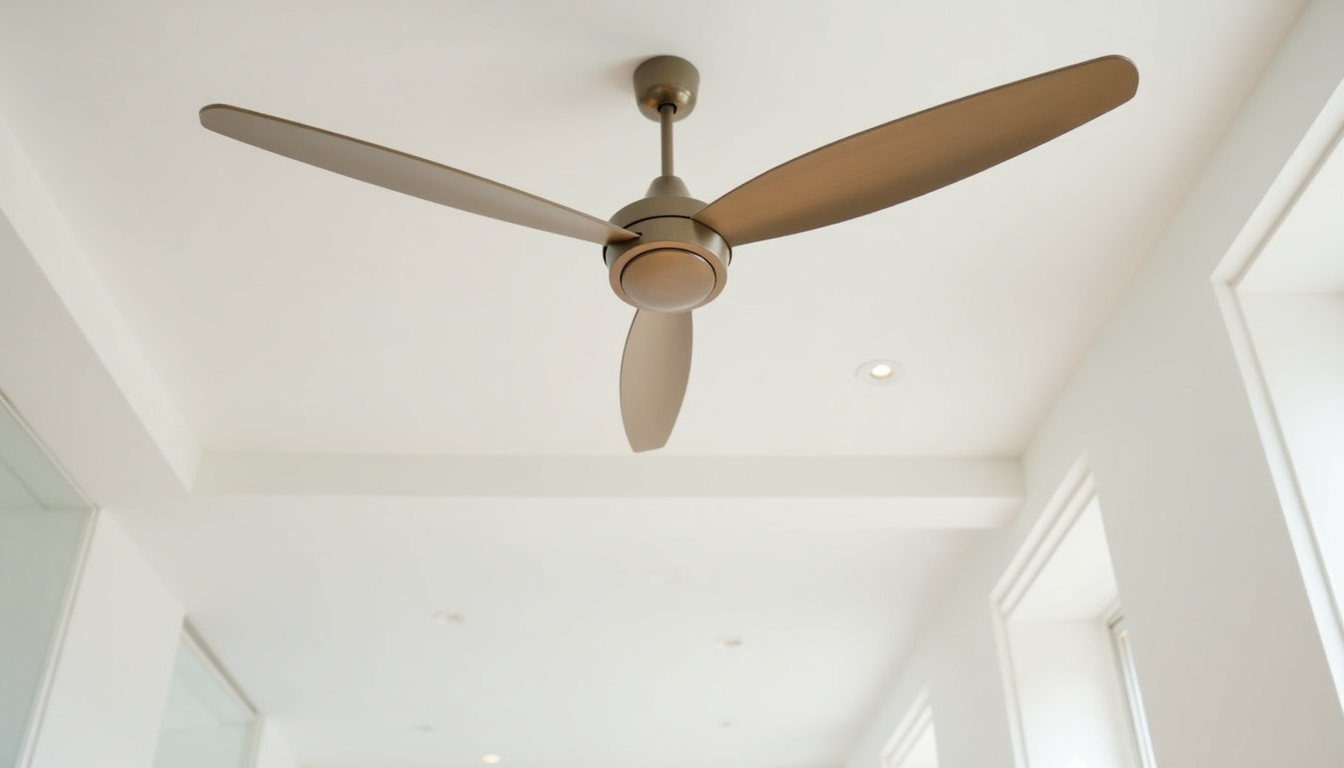 Modern living room showcasing newly installed ceiling fan with brushed metal finish by electrician, no people present