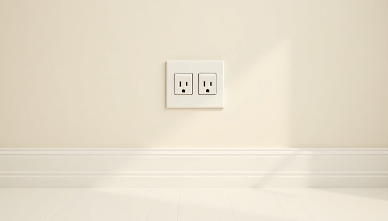 Modern living room wall with newly installed double electrical outlet, highlighting professional electrical installation work