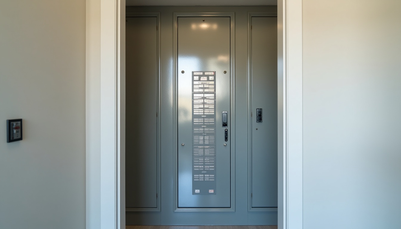 upgraded electrical panel in clean home utility space with closed metal panel and organized circuit breakers